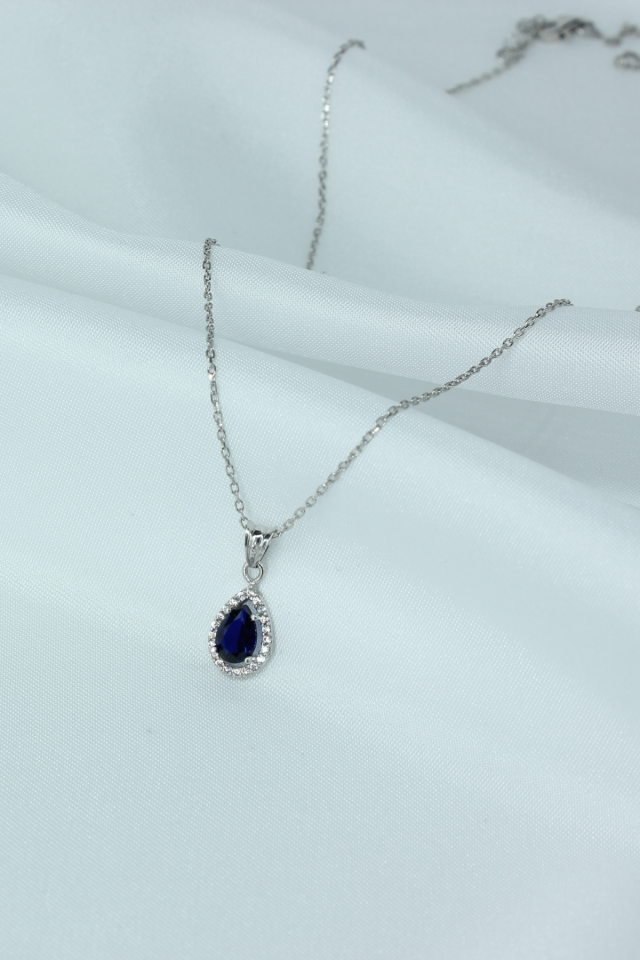 Mavi Damla Model Gümüş Kolye – 925 Ayar, Beyaz Rodaj Kaplama