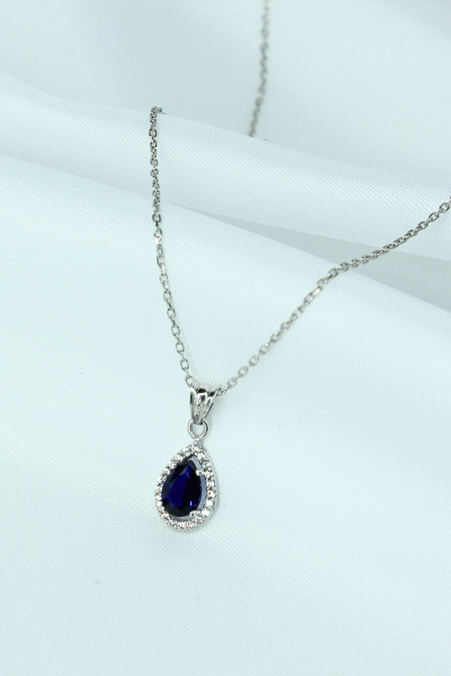 Mavi Damla Model Gümüş Kolye – 925 Ayar, Beyaz Rodaj Kaplama