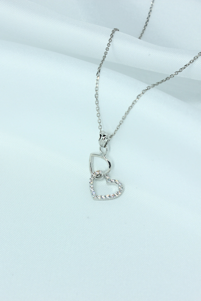 İkili Kalp Model Gümüş Kolye