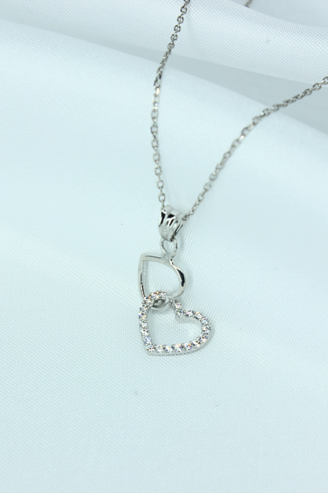 İkili Kalp Model Gümüş Kolye