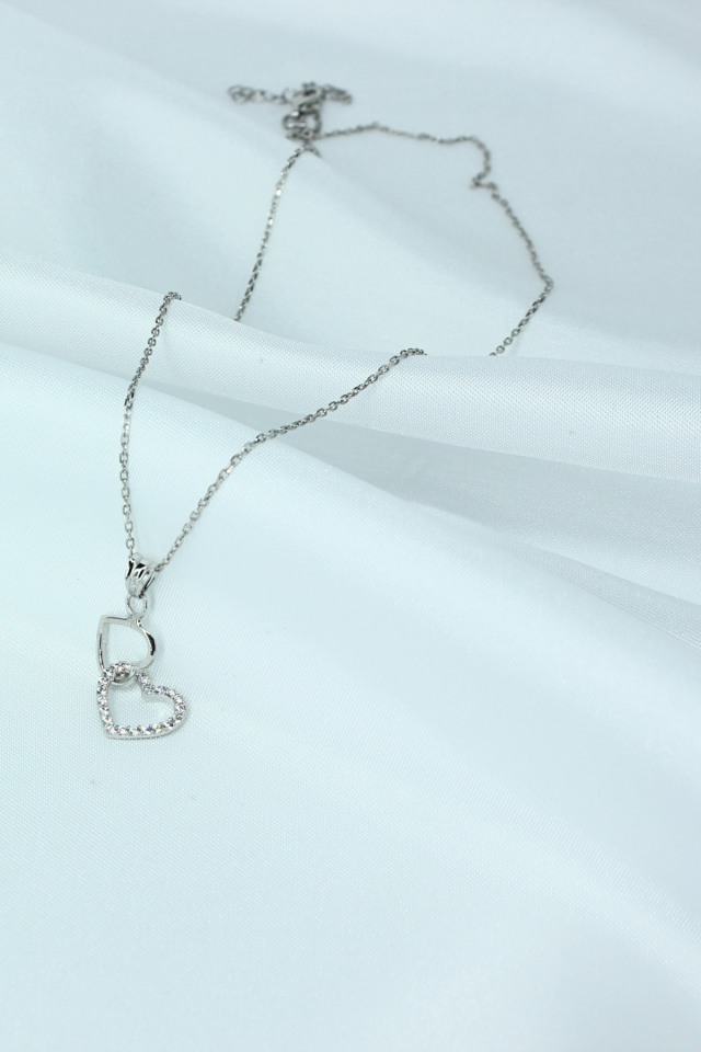 İkili Kalp Model Gümüş Kolye