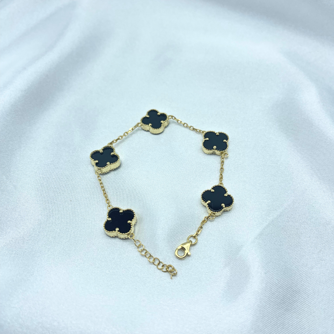 Siyah Yonca Model Gümüş Bileklik – 925 Ayar, 14 Ayar Altın Kaplama