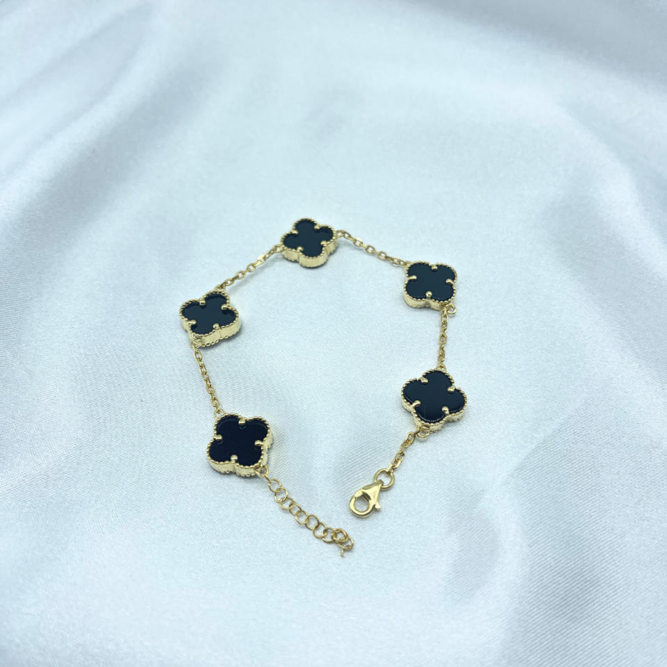 Siyah Yonca Model Gümüş Bileklik – 925 Ayar, 14 Ayar Altın Kaplama