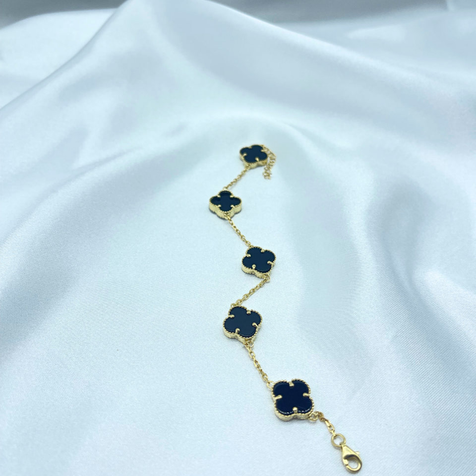 Siyah Yonca Model Gümüş Bileklik – 925 Ayar, 14 Ayar Altın Kaplama