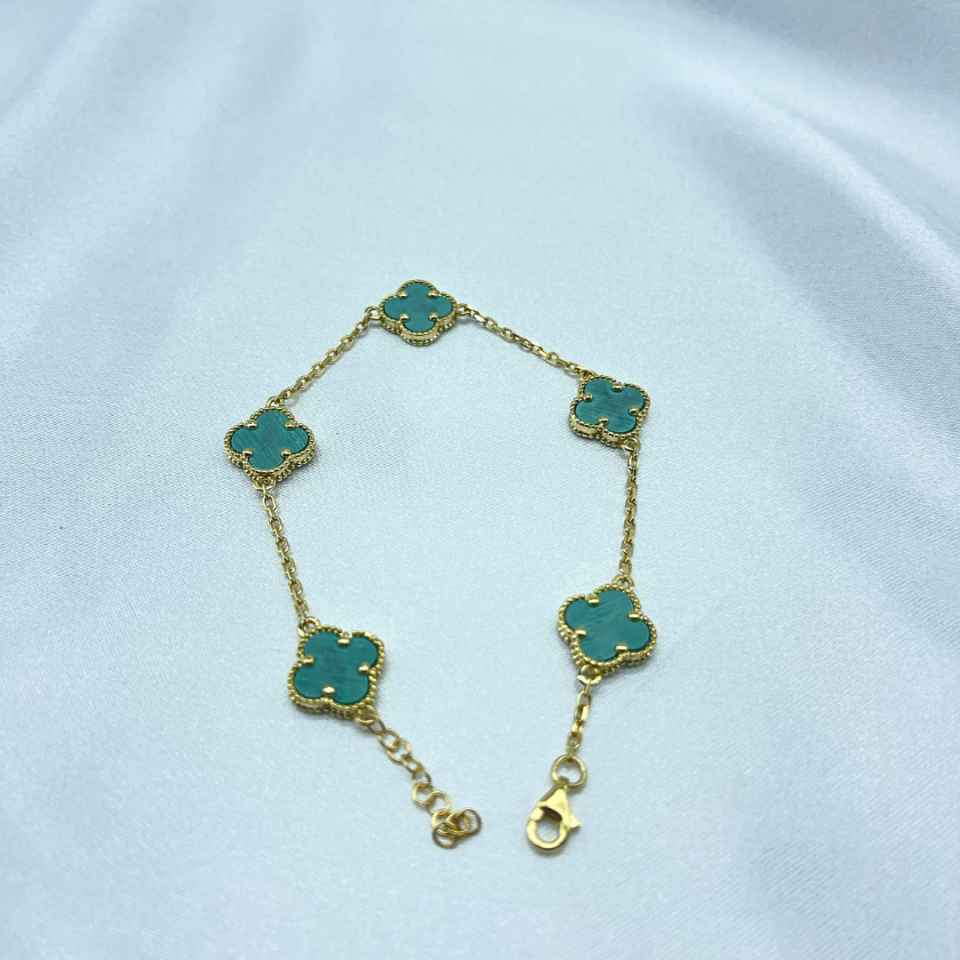 Turkuaz Yonca Model Gümüş Bileklik – 925 Ayar, 14 Ayar Altın Kaplama