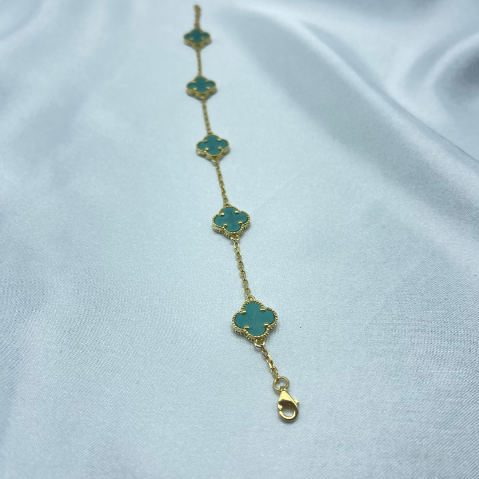 Turkuaz Yonca Model Gümüş Bileklik – 925 Ayar, 14 Ayar Altın Kaplama