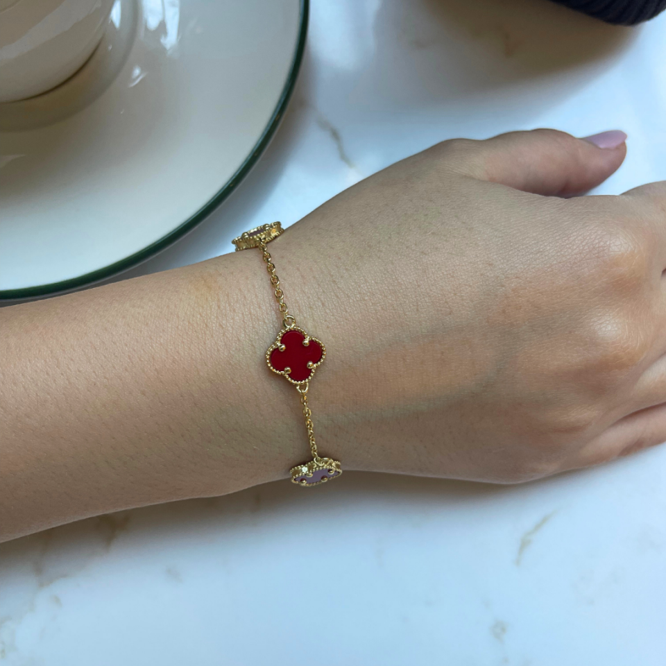 Kırmızı Yonca Model Gümüş Altın Kaplama Bileklik