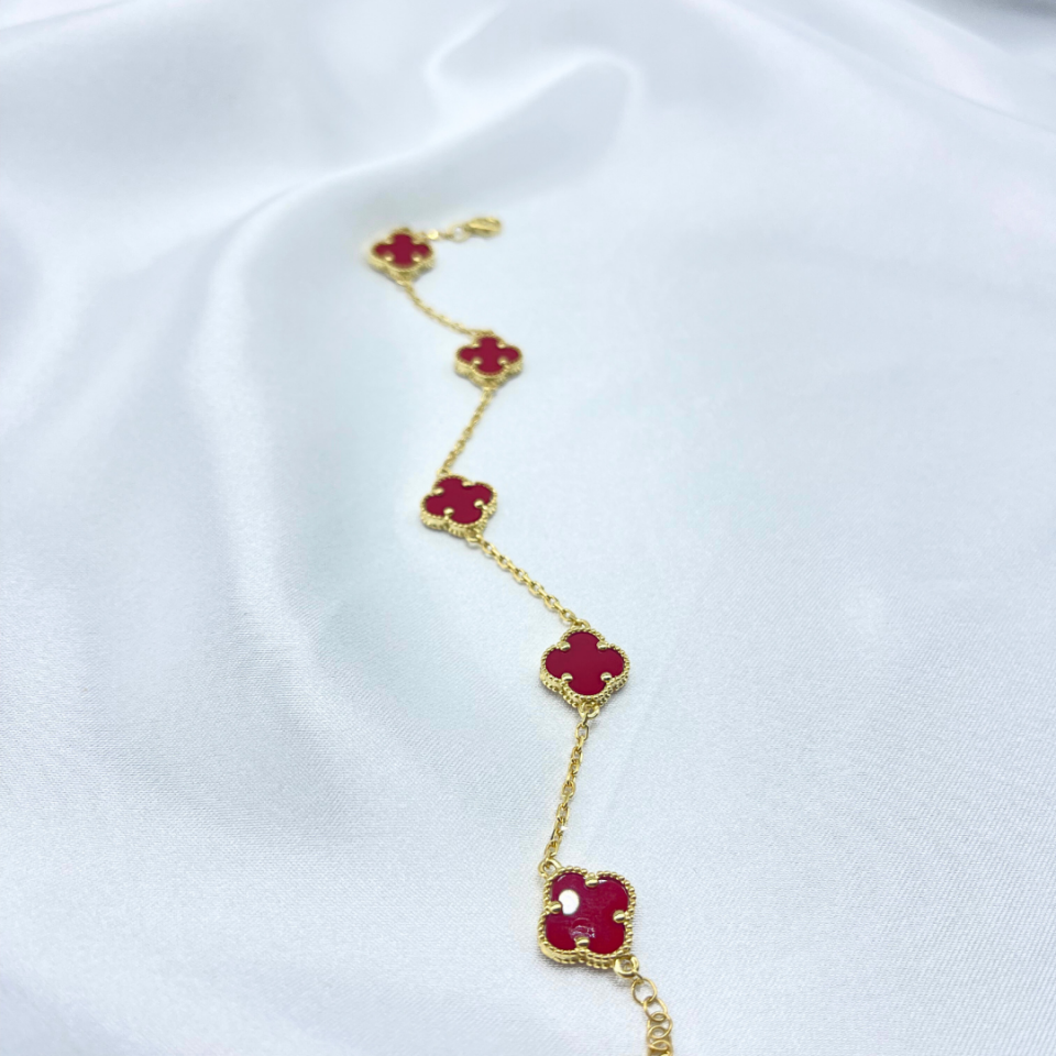 Kırmızı Yonca Model Gümüş Bileklik – 925 Ayar, 14 Ayar Altın Kaplama