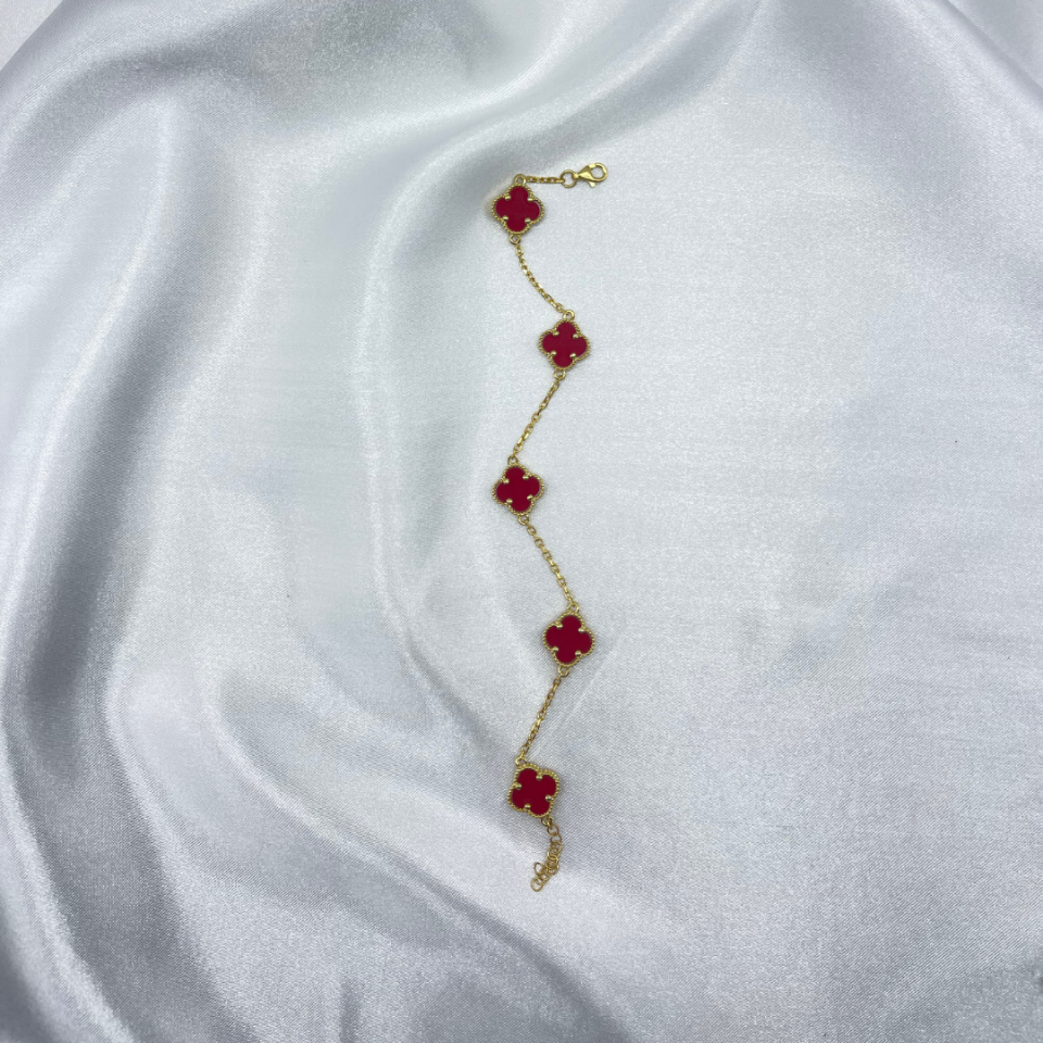 Kırmızı Yonca Model Gümüş Bileklik – 925 Ayar, 14 Ayar Altın Kaplama