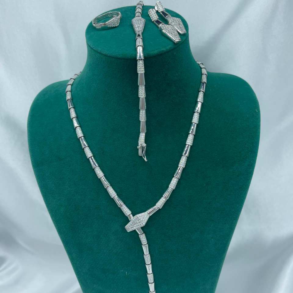 Yılan Model Taşlı Gümüş Takım Set – 925 Ayar, 14 Beyaz Altın Kaplama