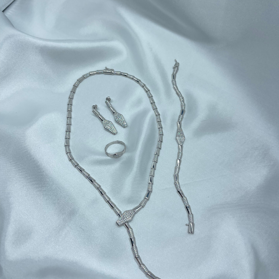 Yılan Model Taşlı Gümüş Takım Set – 925 Ayar, 14 Beyaz Altın Kaplama