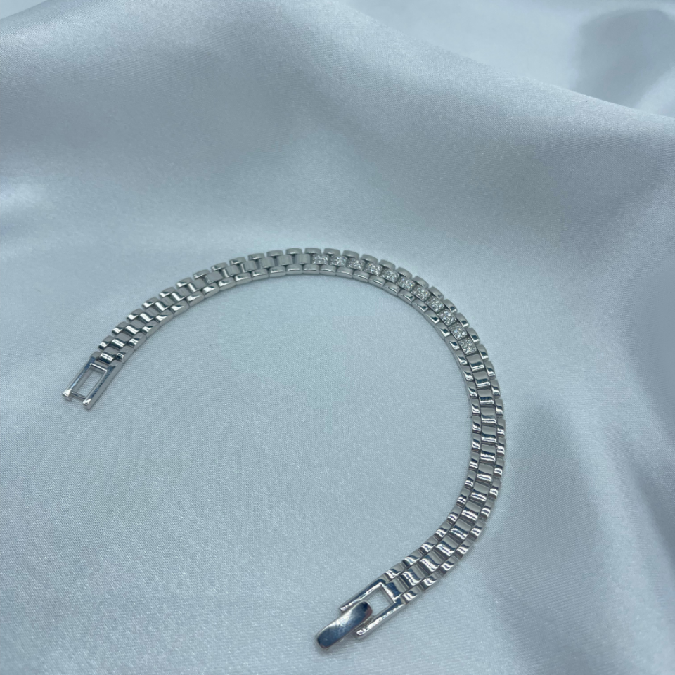 Rolex Model Zirkon Taşlı Bileklik – 925 Ayar Gümüş, Rodaj Kaplama