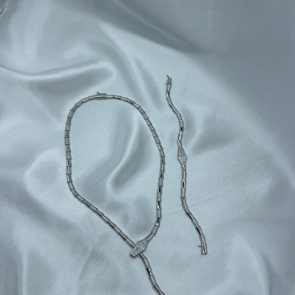 Taşlı Yılan Model 925 Ayar Gümüş Kolye & Bileklik Seti