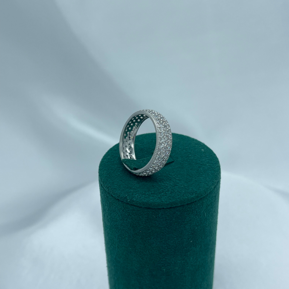 Üç Sıra Taşlı Bombeli 925 Ayar Gümüş Yüzük – Rodaj Kaplama