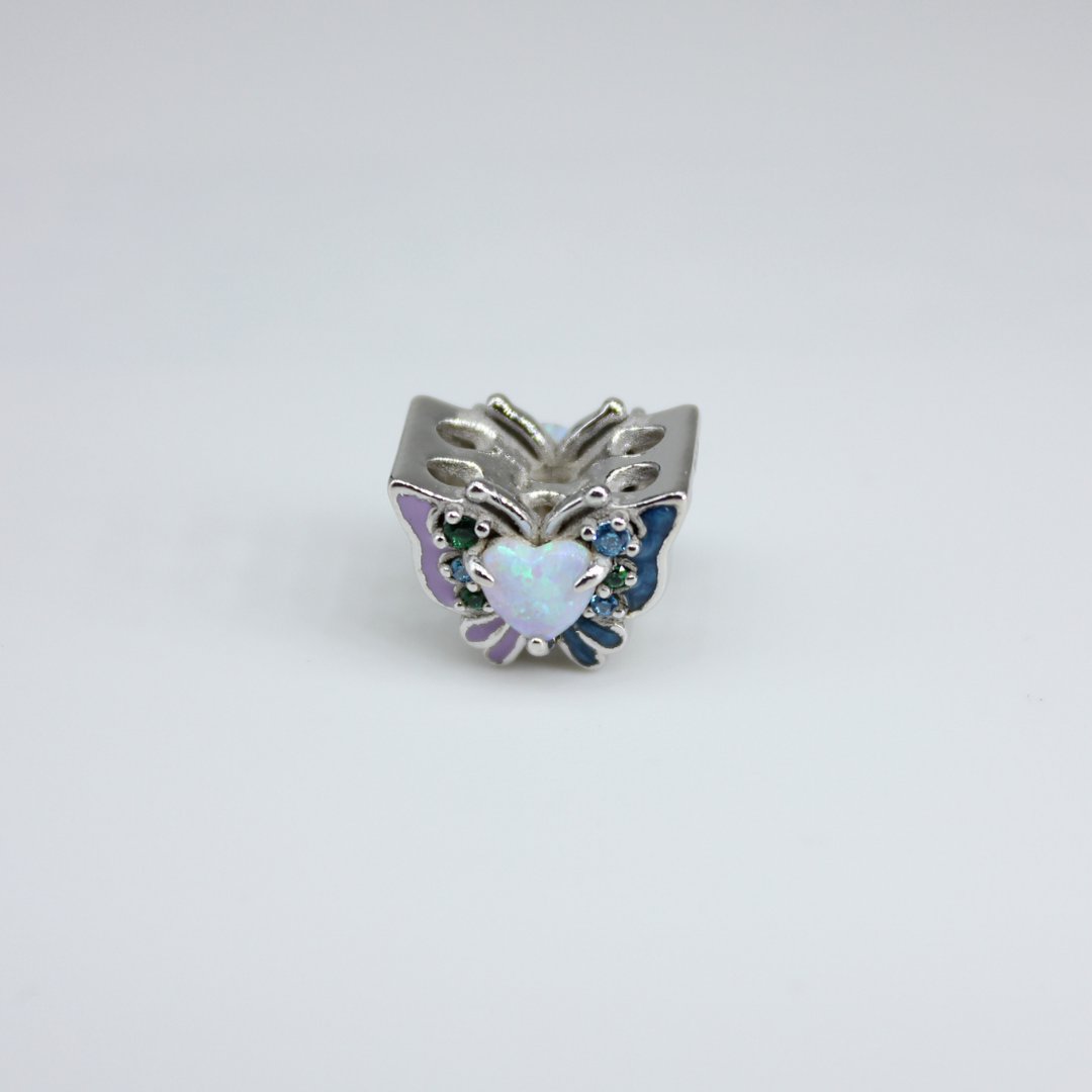 Kelebek & Opal Kalp Model 925 Ayar Gümüş Charm – Mine ve Taş Detaylı