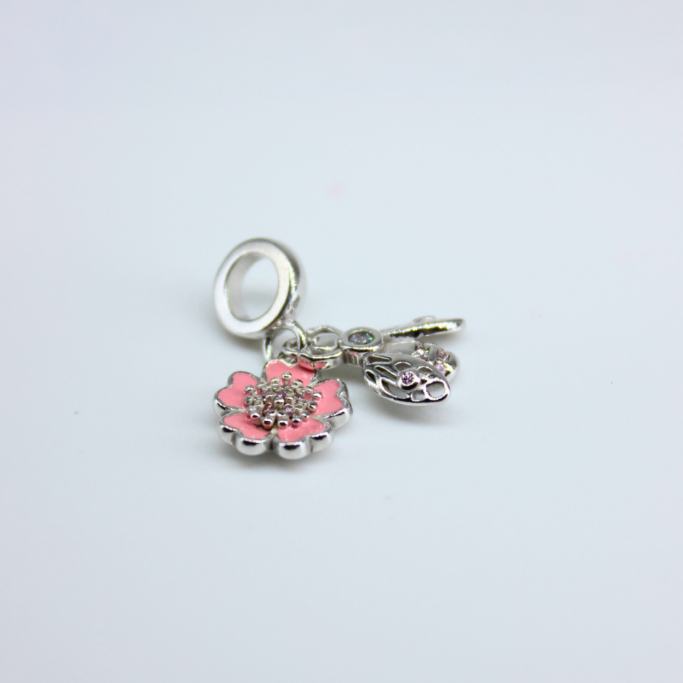 Pembe Çiçek & Anahtar Model 925 Ayar Gümüş Charm – Blossom Love Collection