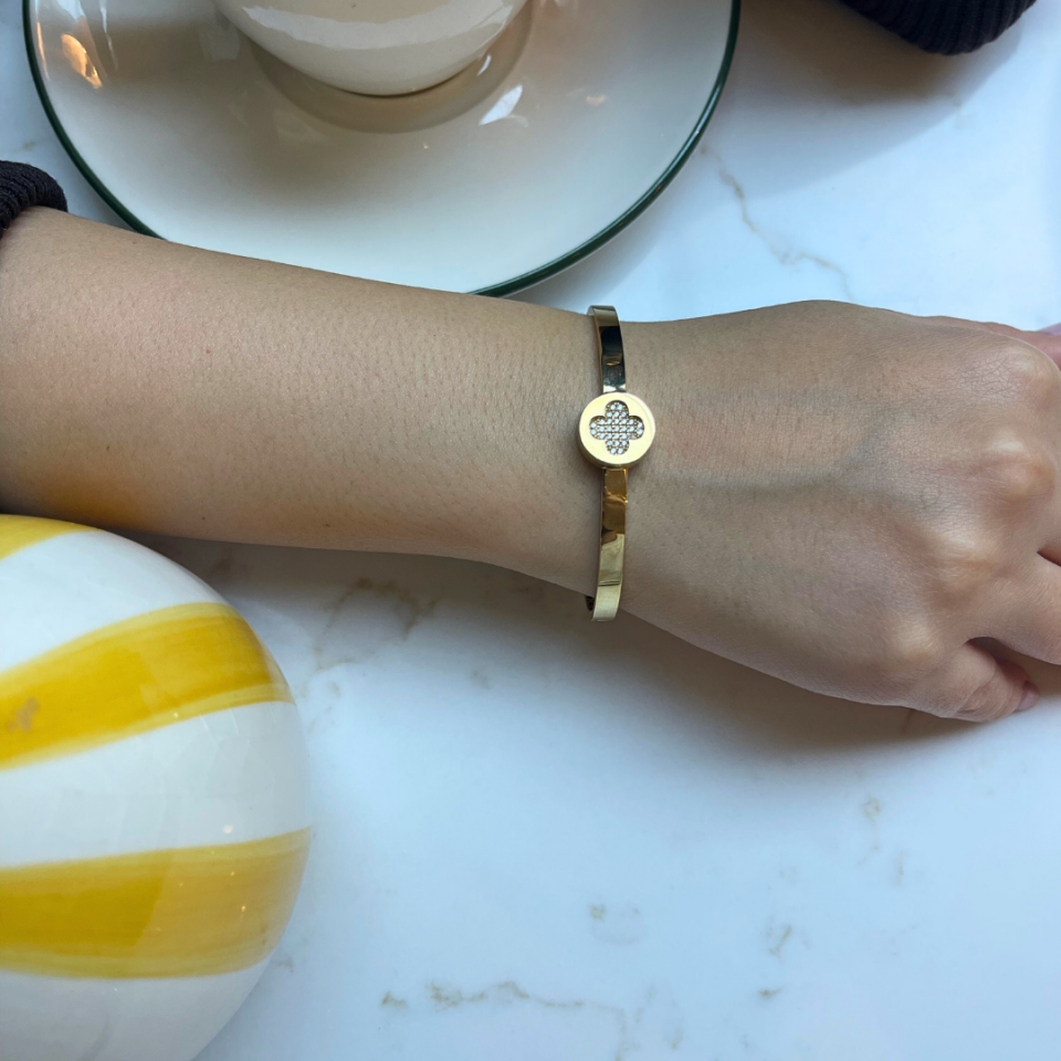 Altın Kaplama Yonca Model 925 Ayar Gümüş Bileklik