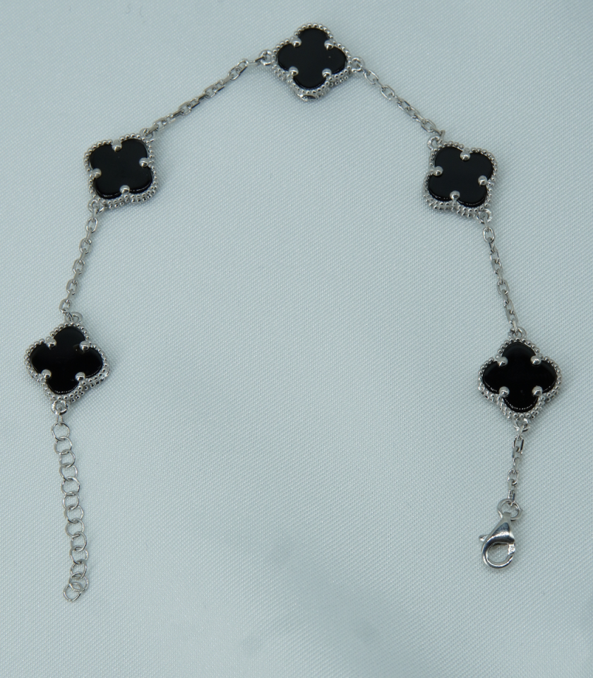 Siyah Yonca Detaylı 925 Ayar Gümüş Bileklik