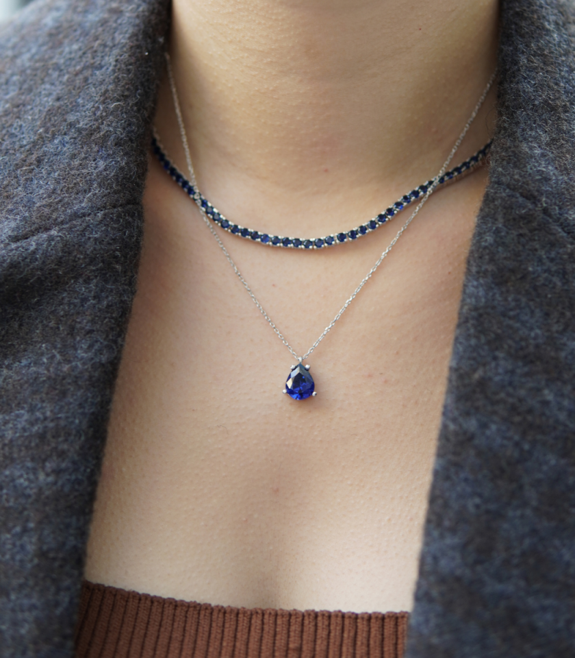 Lacivert Damla Kesim Taşlı 925 Ayar Gümüş Kolye