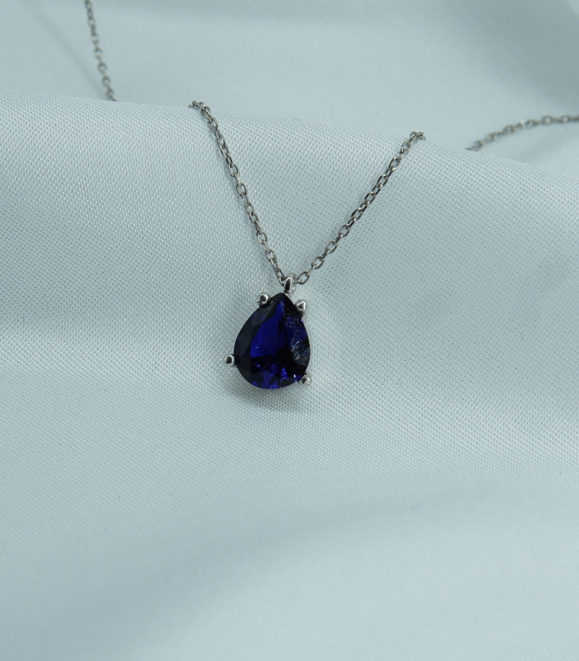 Lacivert Damla Kesim Taşlı 925 Ayar Gümüş Kolye